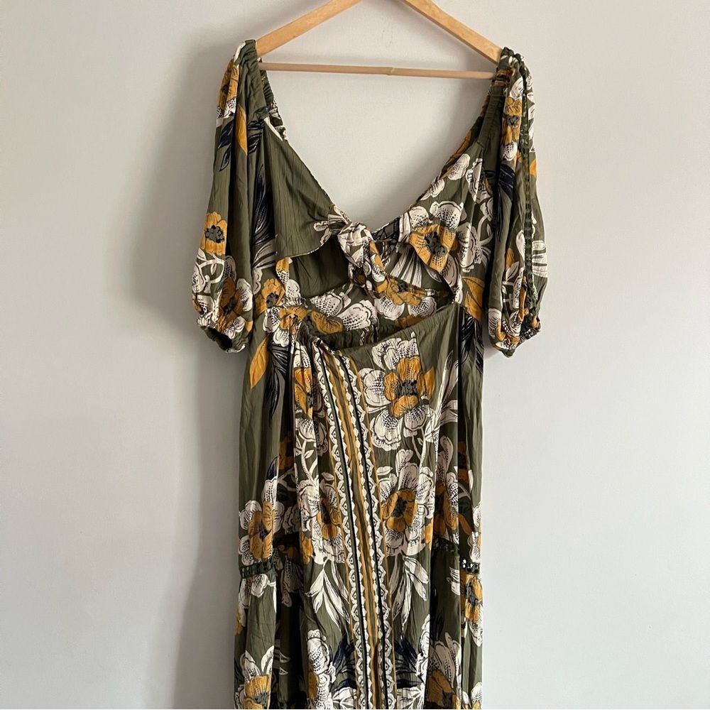 Angie Boho Floral Maxi Dress Olive Green Puff Sleeve Cottagecore Size Large - Picture 10 of 11
